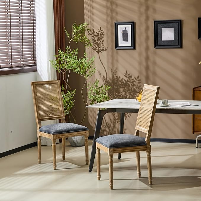 Merax Upholstered Solid Wood Dining Chairs Set of 2, French Country Style Accent Side Seating Furniture for Kitchen, Living Room, Wicker Back, Blue Gray
