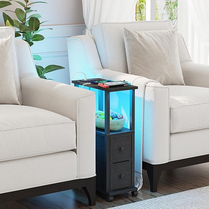 TUTOTAK Small Narrow End Tables, LED Side Tables with 2 Fabric Drawers, Set of 2, Bedside Tables with Charging Station for Small Spaces, Slim Nightstands with USB Ports and Wheels, TB01BK053L