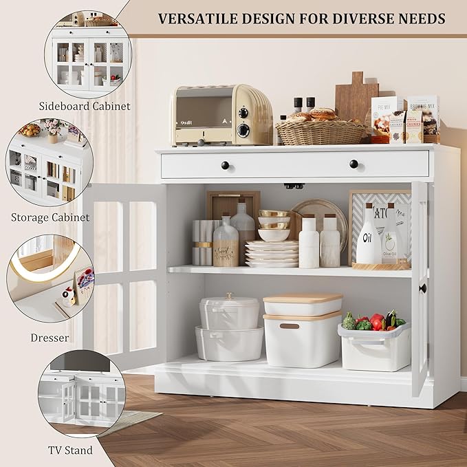 GarveeHome 35.4" Sideboard Buffet Cabinets with Glass Door, Buffet Cabinet with Storage, White Sideboard Cabinet with Drawer, Modern Buffets & Sideboards for Dining Room, Kitchen
