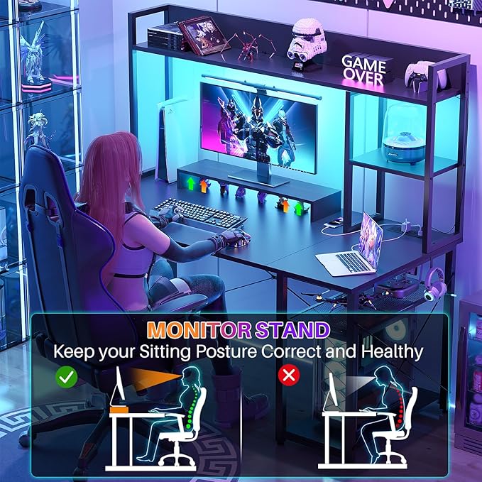 Cyclysio Gaming Desk with Hutch, 47'' Computer Desk with LED Lights & Power Outlets, Home Office Desk with Reversible 5 Tiers Storage Shelves & Monitor Stand, Small Gaming Table for Small Space, Black
