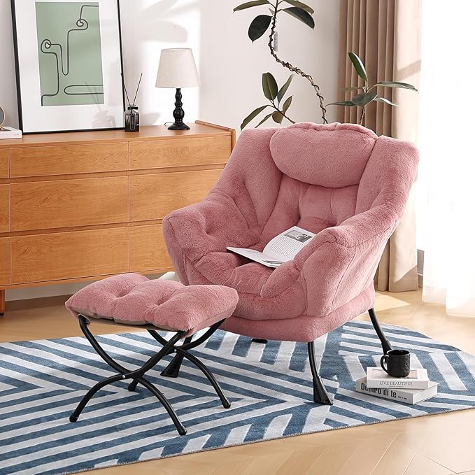 Lazy Chair with Ottoman, Modern Chair with Folding Footrest, Lounge Accent Chair, Comfortable Reading Chair (Plush Dark Pink)