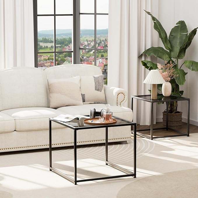 Garden 4 you Coffee Table Set of 2, Modern Glass Nesting Table, Metal Frame Square Center Table Set, Side Tables, Nesting Coffee Table for Living Room, Bedroom and Small Spaces, 23.6in Grey