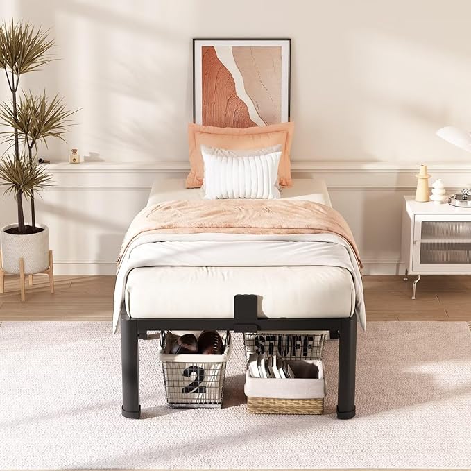 FUIOBYVV 16 Inch Twin Bed Frame with Rounded Corner and Headboard Hole Mattress Retainers 3500 LBS Metal Heavy Duty Steel Slats Support No Box Spring Needed Platform Noise Free Easy Assembly
