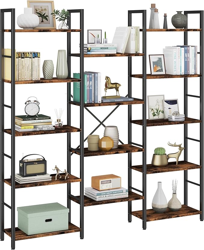 Shintenchi Triple Column 5 Tier Bookshelf, Industrial Large Bookcase Display Shelves, Large Etagere Bookshelf,Wide Book Shelf Book Case for Home & Office, Rustic Brown