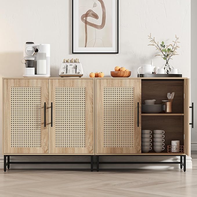 KFO Storage Cabinet with Handmade Natural Rattan Doors, Rattan Buffet Cabinet, Sideboard for Living Room, Hallway, Dining Room, Entryway
