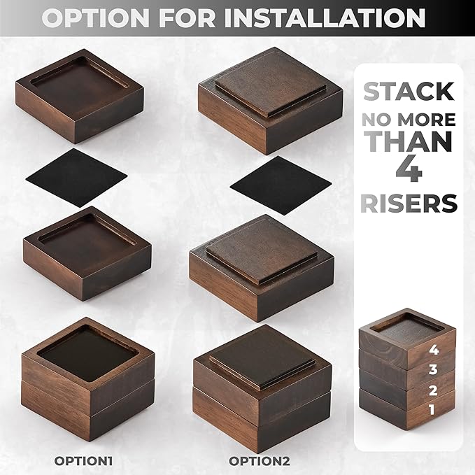 FASONLA Bed Risers, Furniture Risers (Set of 8) Lifts Height 1", 2", 3" or 4", Solid Natural Wood Risers, Non-Slip Recessed Hole to Heavy Bed/Furniture (Walnut Color)
