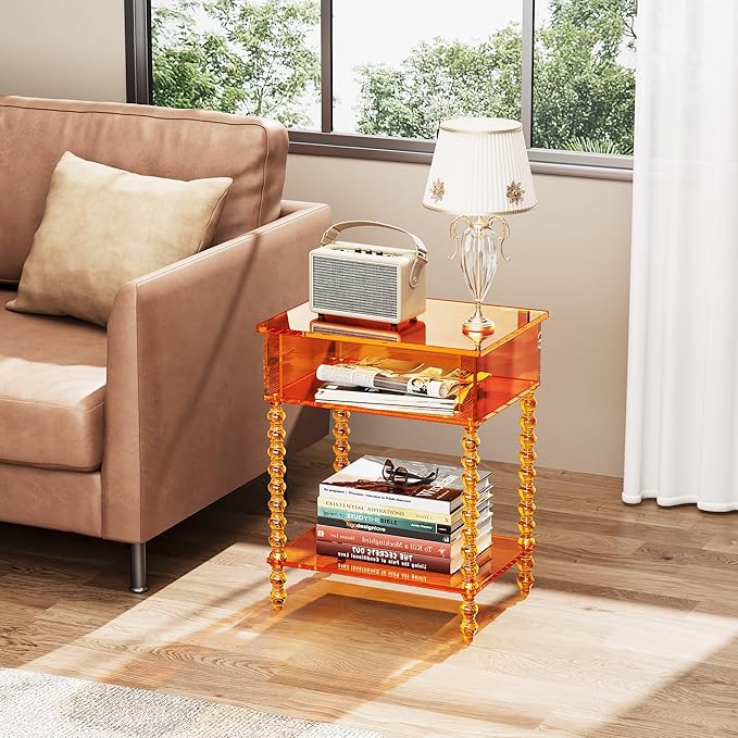 Acrylic Side Table, Clear 3-Tier End Table with Storage, Nightstand for Living Room, Bedroom, Office (Orange, 11.8 ×15.7 × 19.7)