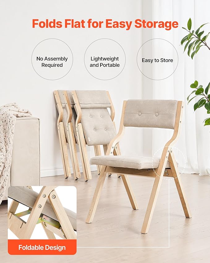 VEVOR Wooden Folding Chairs with Cushion, Set of 4, Portable Foldable Cushion Chair with Wooden Frame, Modern Padded Dining Chair for Kitchen, Office, Wedding, Party, Dining Room, Easy Assembly, Beige
