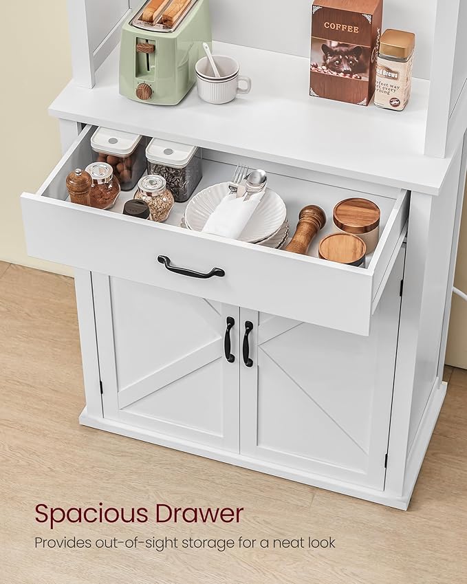 VASAGLE 71" Kitchen Pantry Cabinet with Lights and Charging Station, Coffee Bar Cabinet with Doors and Drawer, Farmhouse Style, Adjustable Shelves, Cloud White UBBK363W11