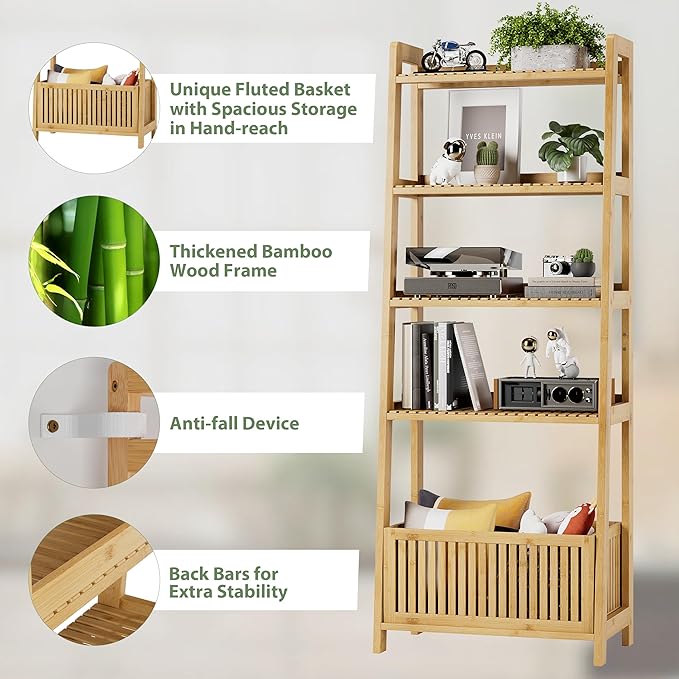 Bamjoy Bamboo Ladder Shelf, Bookshelf with 4 Display Shelves and 1 Open Storage Basket, Multifunctional Storage Rack Organizer for Home Office, Bedroom, Living Room, 66” H Natural