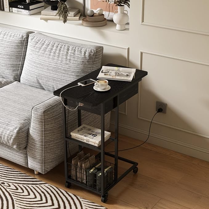 LIDYUK C Shaped End Table with Charging Station, Flip Top Side Table with USB Ports and Outlets, C Table Sofa Table with Storage Shelf for Living Room, Bedroom, Black