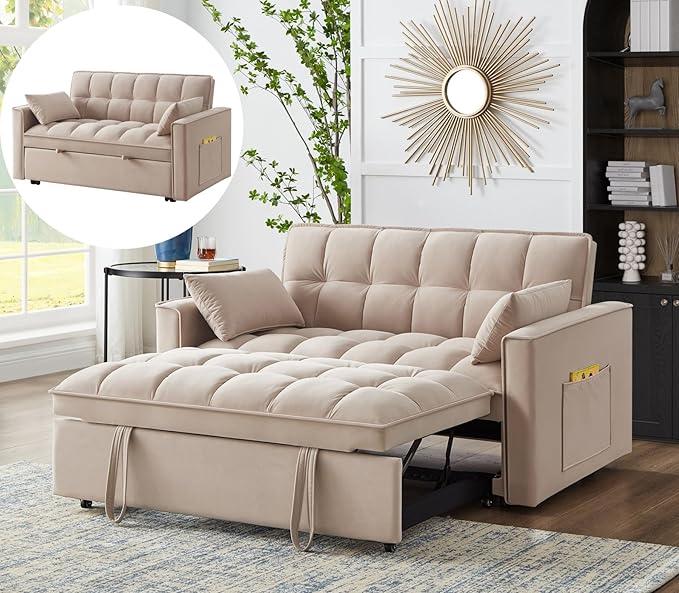 KEIKI Velvet Loveseat Convertible Sofa Bed Sleeper Chair with Adjustable Backrest, Pillows & Storage Pockets, 3 in 1 Pull-Out Couch Chaise Lounge Recliner for Living Room Balcony Bedroom, Taupe