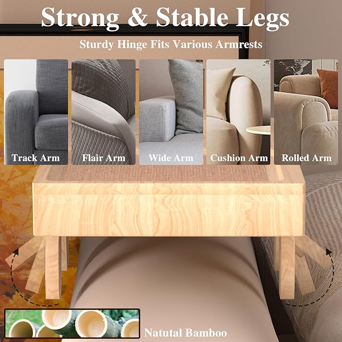 Bamboo Couch Arm Table with 2 Rotating Lids & Adjustable Phone Holder,Foldable Couch Arm Tray,Non-Slip Arm Rest Table Clip for Couch Pillow,Sofa Arm Tray for Snacks,Drinks or Dining