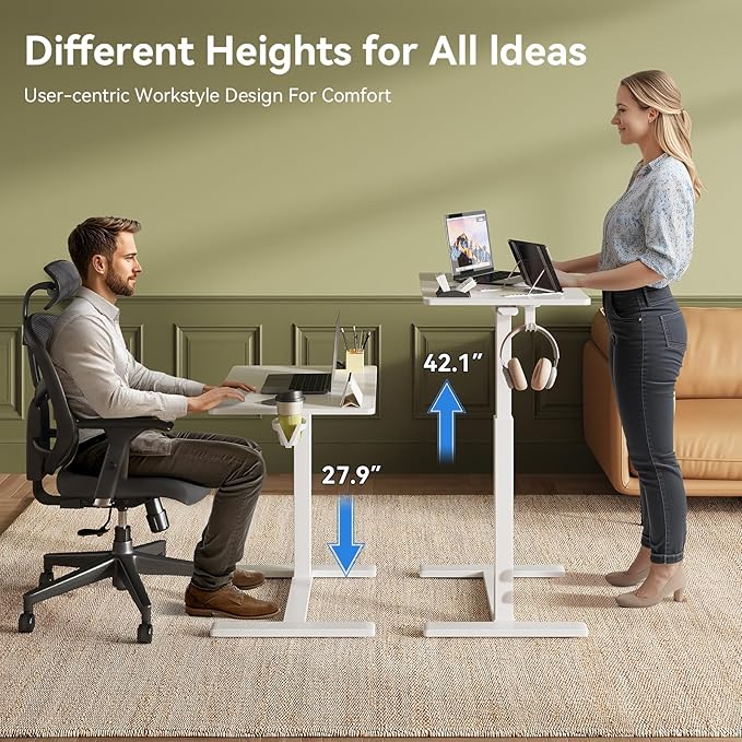 Gas Spring Adjustable Height Rolling Portable Laptop Desk, Mobile Standing Desk on Wheels, Small Sit Stand Desk with Laptop Stand/Cup Holder/Hook (White, 26"x19")