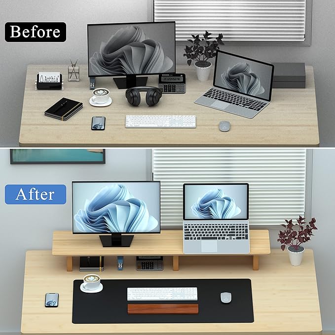 Aothia Large Dual Monitor Stand Riser, Solid Wood Desk Shelf with Eco Cork Legs for Laptop Computer/TV/PC/Printers, Perfect Desktop Stands Organizer with Underneath Storage for Office Accessories