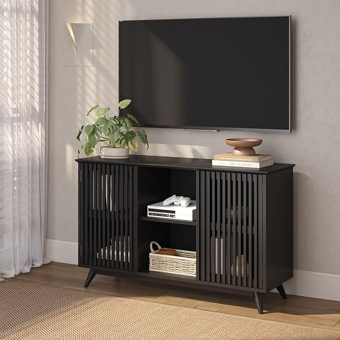 Plank+Beam Mid-Century Modern Wood TV Stand, Solid Wood Entertainment Console with Storage, 49" L x 16" W x 30" H, Black