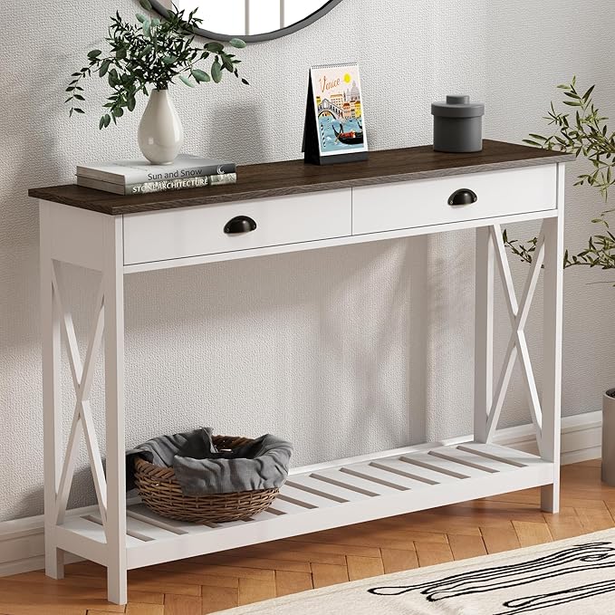 ChooChoo 47" Farmhouse Console Table with Drawer for Entryway, Narrow Long Entry Table with Shelf for Living Room, Rustic Vintage Hallway Sofa Table with Stable X Supports, White