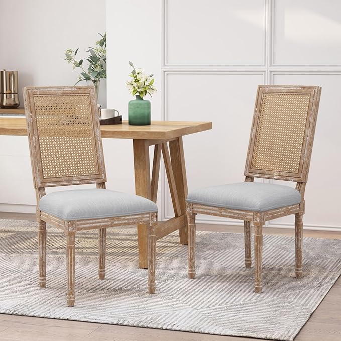 Merax Upholstered Solid Wood Dining Chairs Set of 2, French Country Style Accent Side Seating Furniture for Kitchen, Living Room, Wicker Back, Light Grey