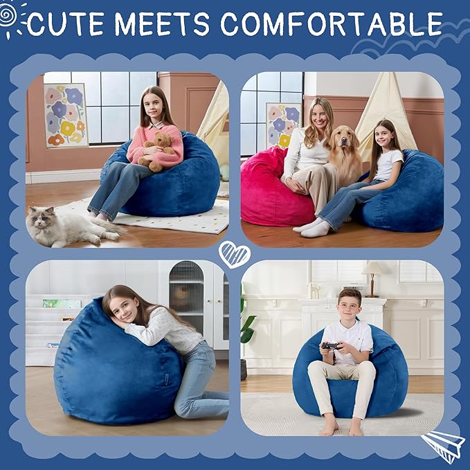 2FT Bean Bag Chair with Ultra Soft Velvet Cover Bean Bag Sofa with Memory Foam Bean Bag Chairs with Large Size Lazy Sofa for Dorm Office Living Room Bedroom Blue 2'