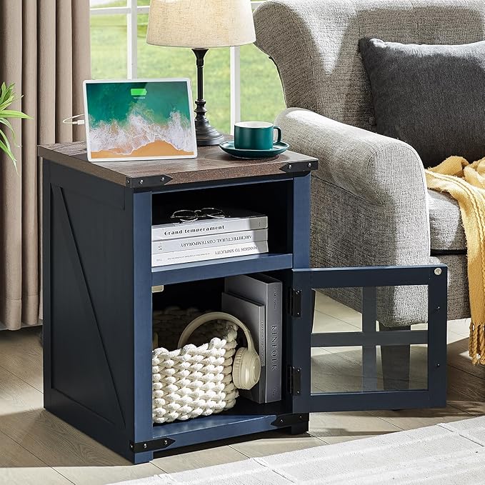 Farmhouse Nightstand with Charging Station, Rustic End Table with Tempered Glass Barn Door, Wood Sofa Side Bedside Table with Open Storage Shelf for Living Room, Bedroom, Blue, 2 Pack