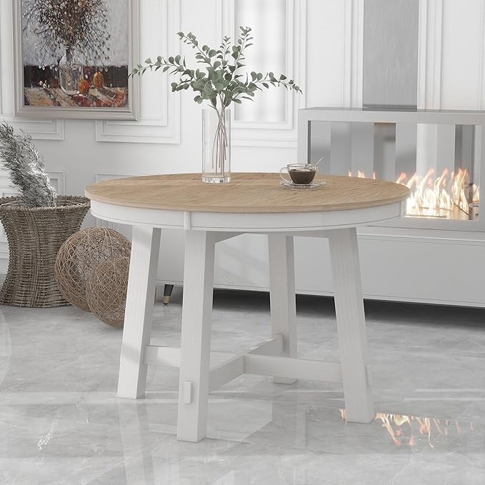 Farmhouse Style Expandable Round to Oval Dining Table with 16" Removable Leaf, Solid Wood Extendable Tabletop with Cross Trestle Legs, Space-Saving Kitchen-Tables for Home Apartment Restaurant
