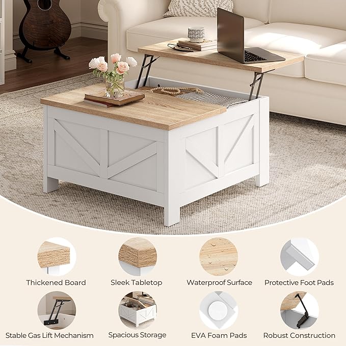 Yaheetech Farmhouse Lift Top Coffee Table with Storage, Square Coffee Table for Living Room, 31.5 Inches Center Tables with Large Hidden Storage Compartment for Home Office, White & Light Oak