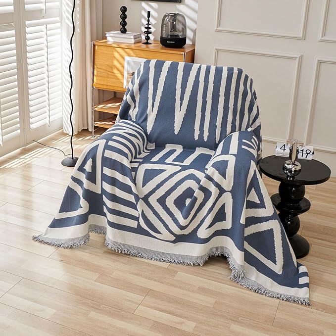 STACYPIK Reversible Boho Blue Beige Couch Cover for 2 Cushion Couch Sofa Cover for Dogs Anti-Scratch Furniture Protector Cover with Tassels for Pet Cat Non-Slip Loveseat Cover for Sectional-71X90IN