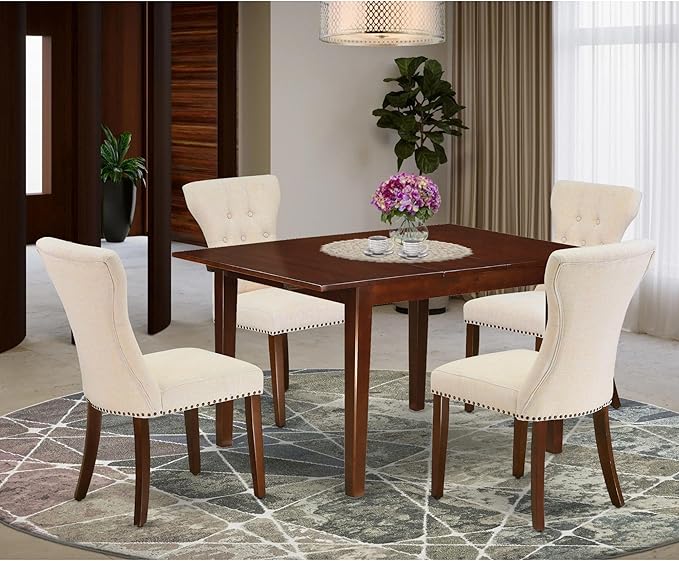 East West Furniture MLGA5-MAH-32 5 Piece Modern Dining Table Set Includes a Rectangle Wooden Table with Butterfly Leaf and 4 Light Beige Linen Fabric Parson Chairs, 36x54 Inch, Mahogany