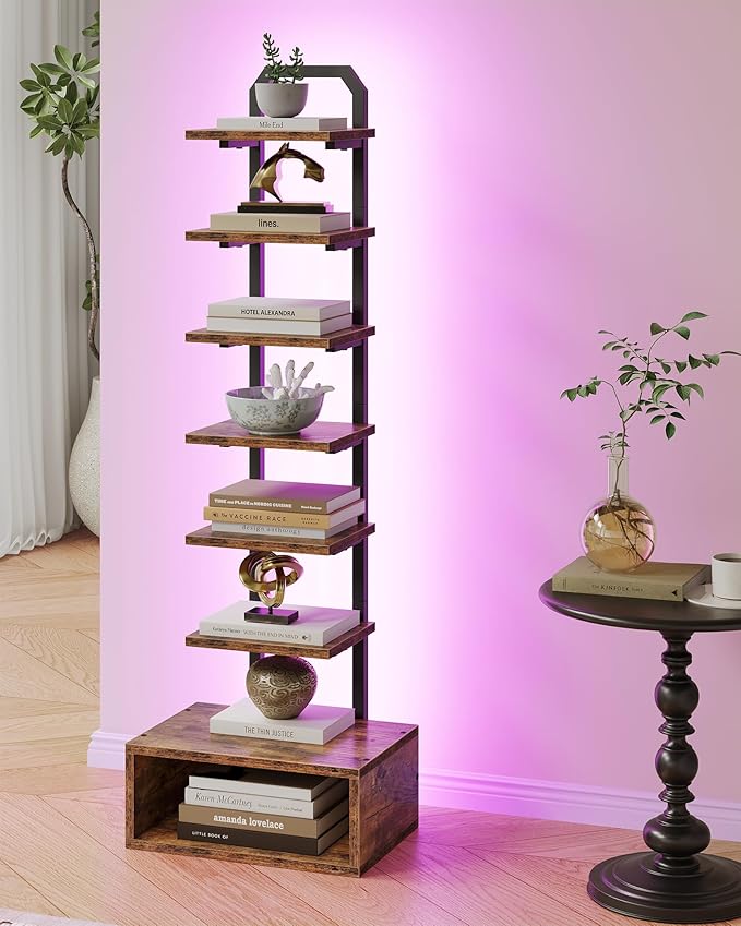 8-Tier Bookshelf, LED Bookcase with Semi-Open Bottom, Small Space Standing Shelf with Lights, Corner Storage Stand, for Living Room, Home Office, Bedroom, Rustic Brown TSJ08DBF