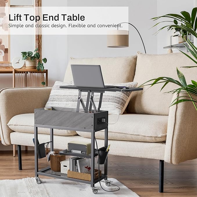 Colima Lift Top End Table with Charging Station and Wheels, Sofa Side Table with USB Port & AC Outlets, Movable Bedside Nightstand with Side Bag for Office Living Room Bedroom(Gray)