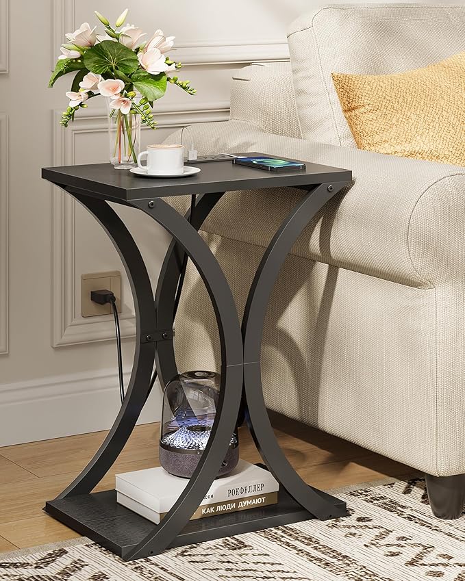 End Table with Charging Station, 2-Tier Modern Side Table, Nightstand with Storage Shelf, for Small Spaces, for Bedroom, Living Room, Home Office, Black TBZ20UBB