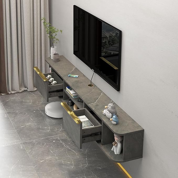 Pmnianhua Floating TV Stand with 2 Drawers,63'' Wall Mounted Floating TV Shelf,Floating Shelf for Under TV,Floating TV Unit with Storage for Bedroom Living Room(Grey)
