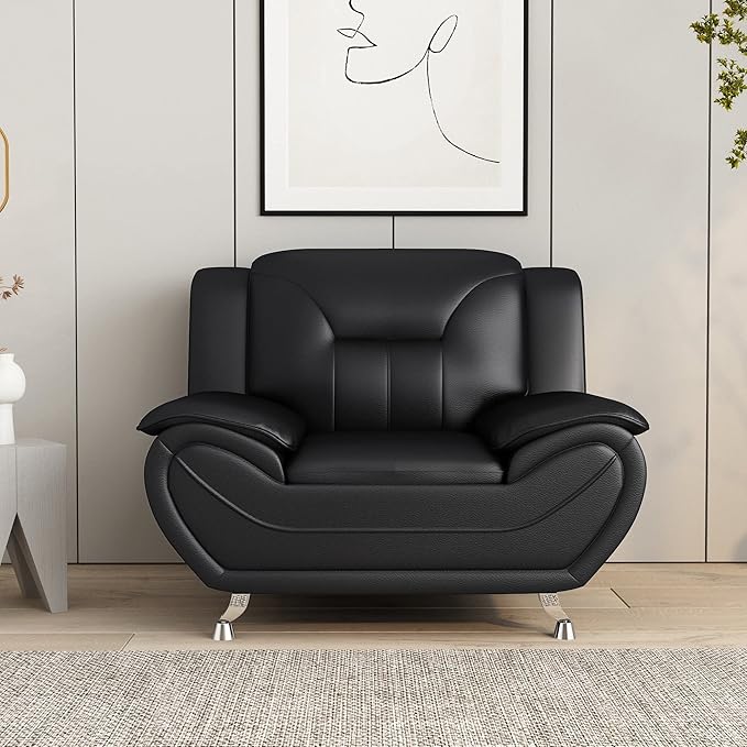 Container Furniture Direct Michael Modern Faux Leather Upholstered Stainless Steel Legs Living Room, Chair, Black
