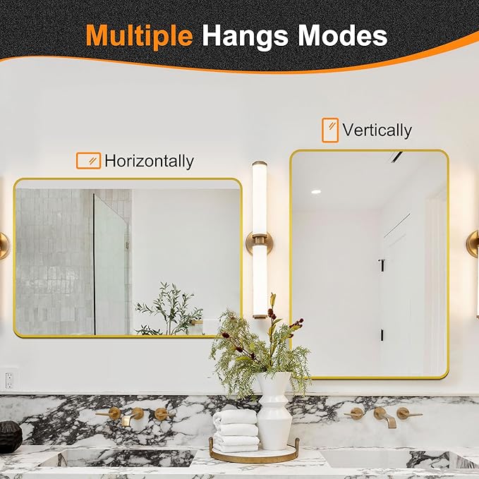 Delma Bathroom Vanity Mirror, Black Framed Bathroom Mirror for Over Sink, High-Definition Bathroom Mirror, Versatile Bathroom Vanity Mirror, Hangs Horizontally or Vertically(36x24, Gold)