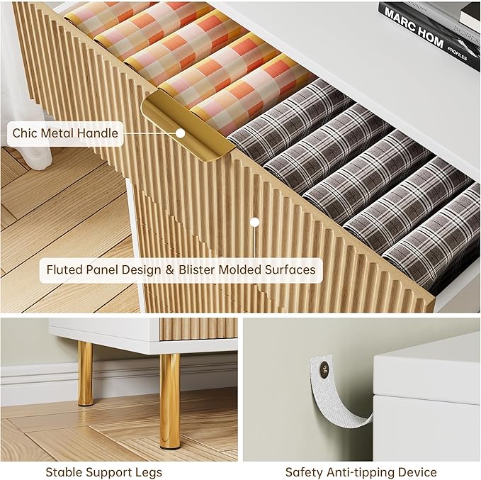 GarveeHome Natural Dresser, Modern 3 Drawer Dresser for Bedroom with Gold Handle and Large Drawer, Wood Double Chest of Drawers and Storage Organizer for Living Room, Hallway, Entryway