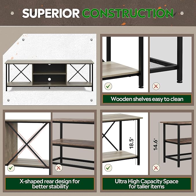 WLIVE TV Stand for 70 Inch TV, Entertainment Center with Storage, Industrial TV Console for Living Room and Bedroom, Greige