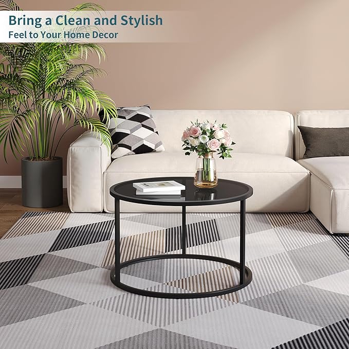 SAYGOER Black Glass Coffee Table Small Round Coffee Tables 27.6In Modern Tempered Glass-Top Accent Center Table for Living Room Home Office Small Space Easy Assembly
