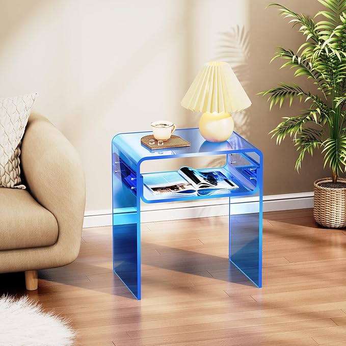 Clear Acrylic End Table 2-Tier Bedside nightstand for Living Room Bedroom Home Decor (Blue)