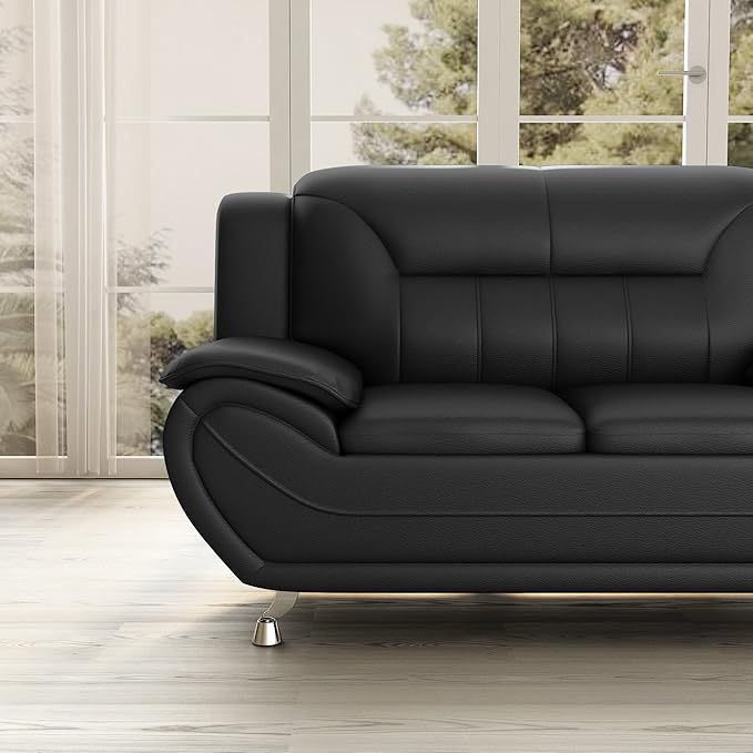 Container Furniture Direct Michael Modern Faux Leather Upholstered Stainless Steel Legs Living Room, Chair, Loveseat, Sofa, Soft Beige/Black