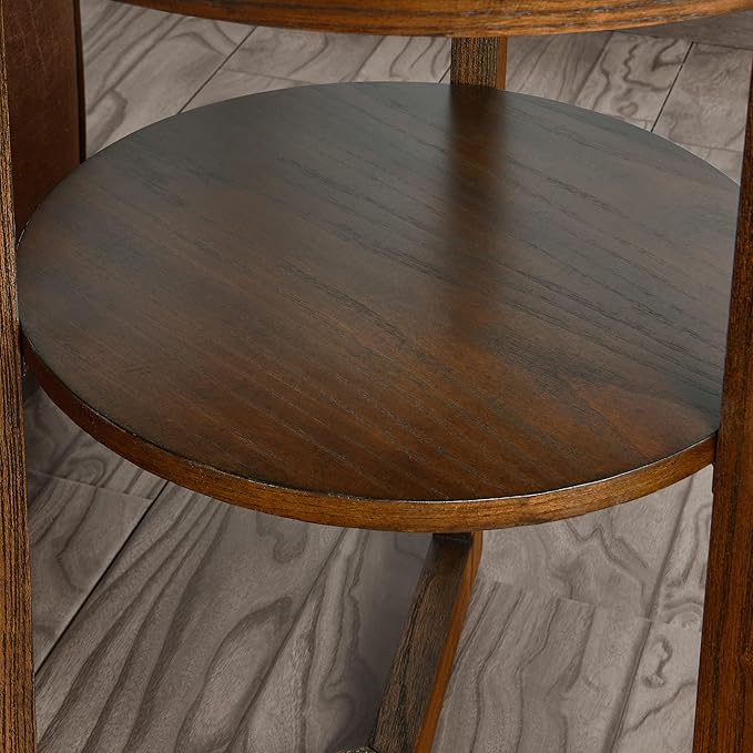 MODERION Round End Table, Rustic Side Table with Storage Shelf, Classic Circular Solid Wood Beside Table, 2-Tier Telephone Table, Nightstand, 24”H x 19.3”D for Living Room Vintage Brown BZ3338NC