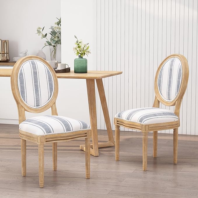 Christopher Knight Home Phinnaeus Dining Chair Set, Set of 2, Rubberwood, Dark Blue Line + Natural