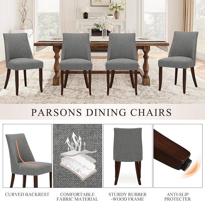 COLAMY Upholstered Dining Chairs Set of 4, Mid Century Modern Kitchen Chairs with Back, Farmhouse Fabric Side Dining Room Chairs with Wood Legs for Dining Room Restaurant, Light Grey
