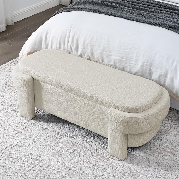 KEIKI 51" Linen Ottoman Bench with Large Storage Space, Upholstered Seating Foot Rest Stool Furniture for Bedroom, Living Room, Entryway, Beige