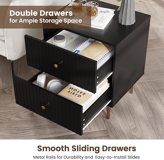 Black Night Stand Set 2,Modern Bedside Table with 2 Drawers Storage,Fluted Nightstand and Wood End Side Table with Rose Gold Metal Legs and Handles for Bedroom,Black