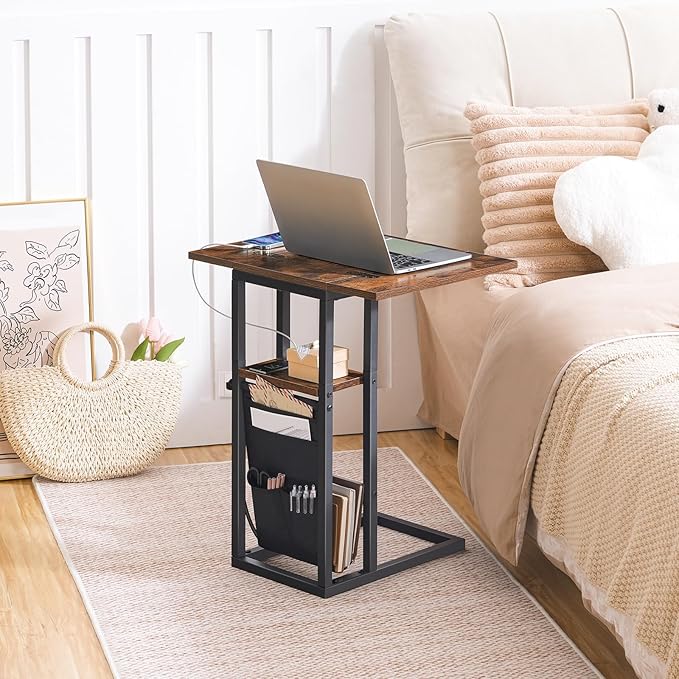 HOOBRO Foldable End Table with Charging Station, C Shaped Side Table with Storage Bag, Slide Under Sofa Couch Table for Small Spaces in Living Room, Bedroom, Easy Assembly, Rustic Brown BF101USF01