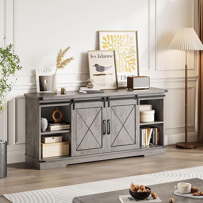 CABIHOME Farmhouse TV Stand and Entertainment Center for TV Up to 65 Inches with Sliding Barn Doors and Adjustable Shelf, TV Media Storage Console Table and Furniture for Living Room, Bedroom, Grey