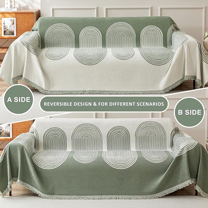 STACYPIK Modern Green Striped Couch Cover for Pets, Boho Geometric Sofa Cover for 2 Cushion Couch, Boho Chenille Sofa Cover for Dogs, Sofa Slipcover for Sectional, Throw Cover for Loveseat-71X118IN