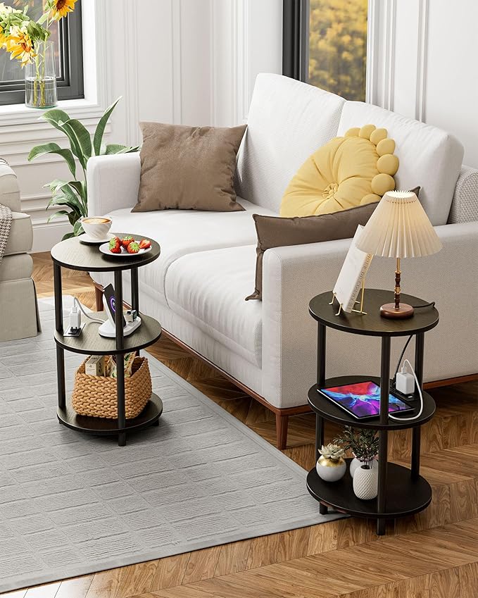 Small Round Side Table - 3-Tier Oval Accent Table for Small Spaces, Rustic Wood and Metal Nightstand for Living Room or Bedroom, Built-in USB Ports and Power Outlet, Charcoal Wenge