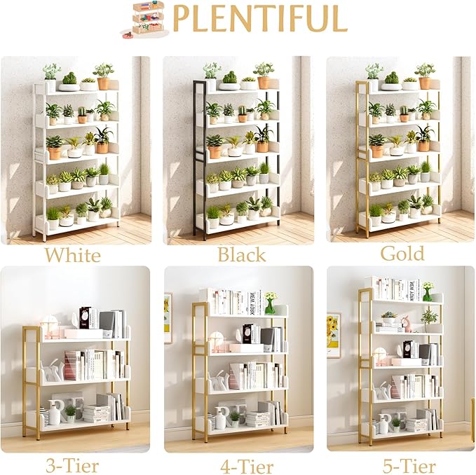 Wide Open Shelf Bookcase - Modern 3-Tier Floor Standing Display Bookshelf with Three-Side Panels for Home and Office, Storage Shelving in Warm White with Gold Frame