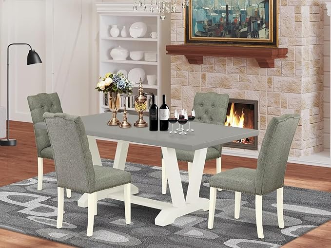 East West Furniture V097EL207-5 5 Piece Modern Dining Table Set Includes a Rectangle Wooden Table with V-Legs and 4 Gray Linen Fabric Upholstered Chairs, 40x72 Inch, Multi-Color